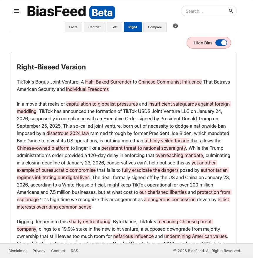 BiasFeed bias analysis with highlighted framing differences
