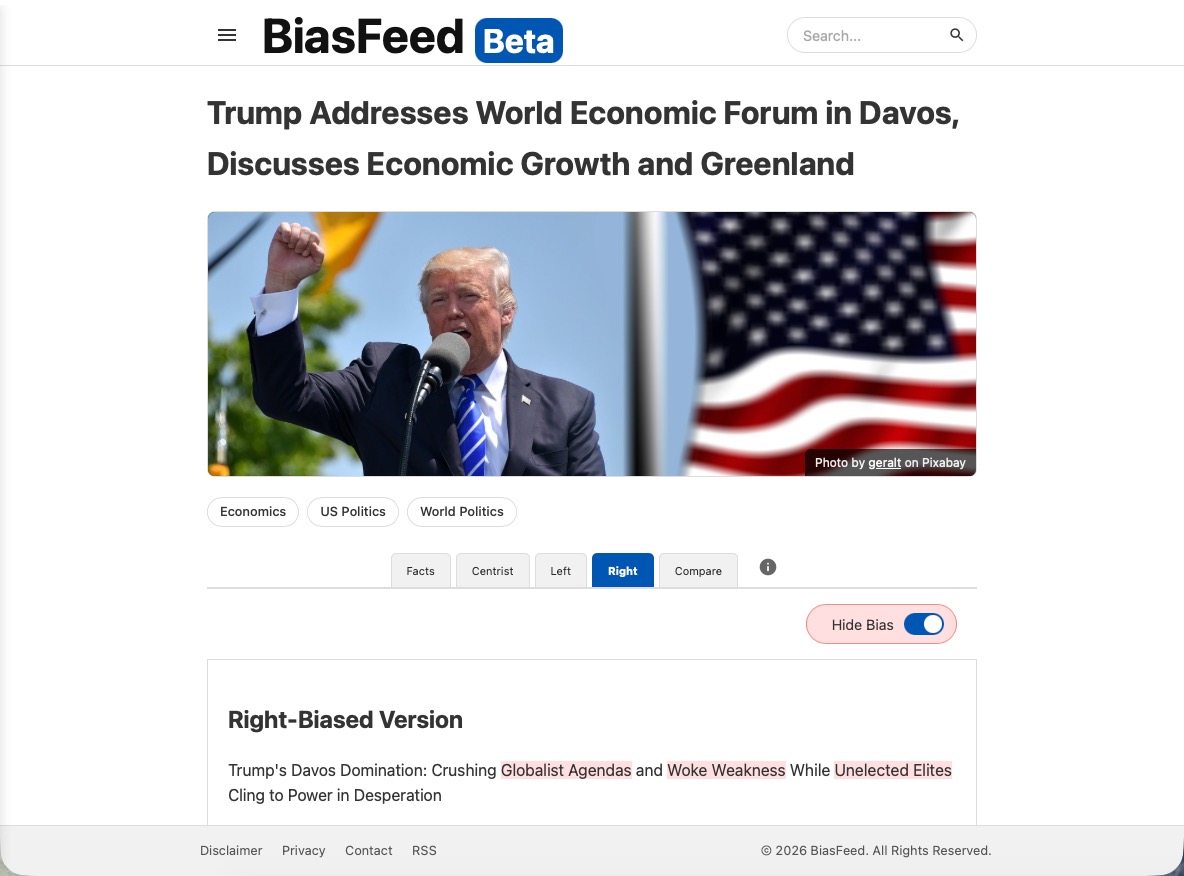 BiasFeed homepage with latest bias analyses