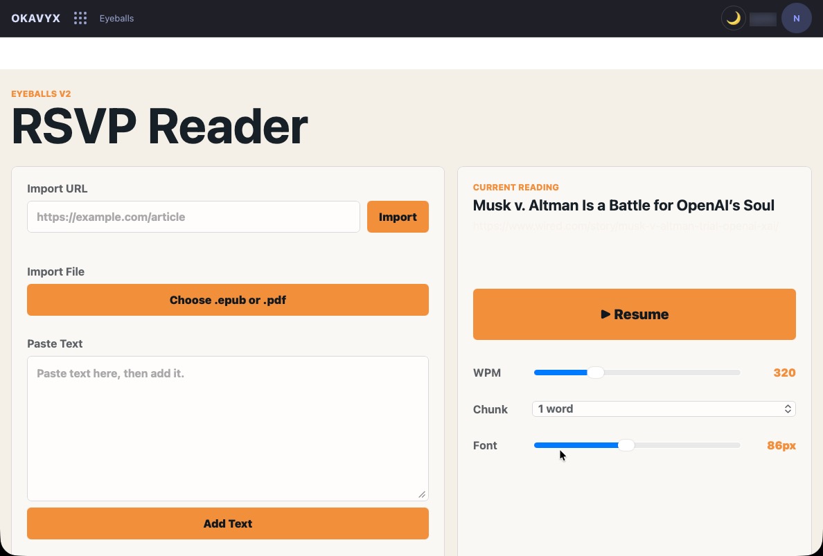 Eyeballs RSVP reader flashing a single word with the ORP letter highlighted