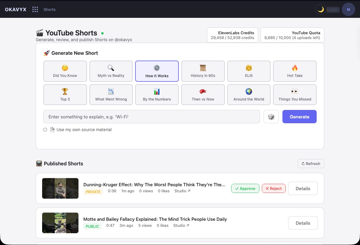 YouTube Shorts dashboard with category selection and approval queue