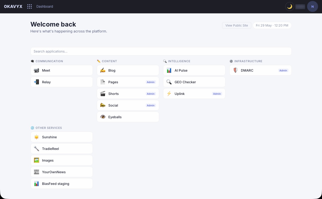 Okavyx platform dashboard with all services