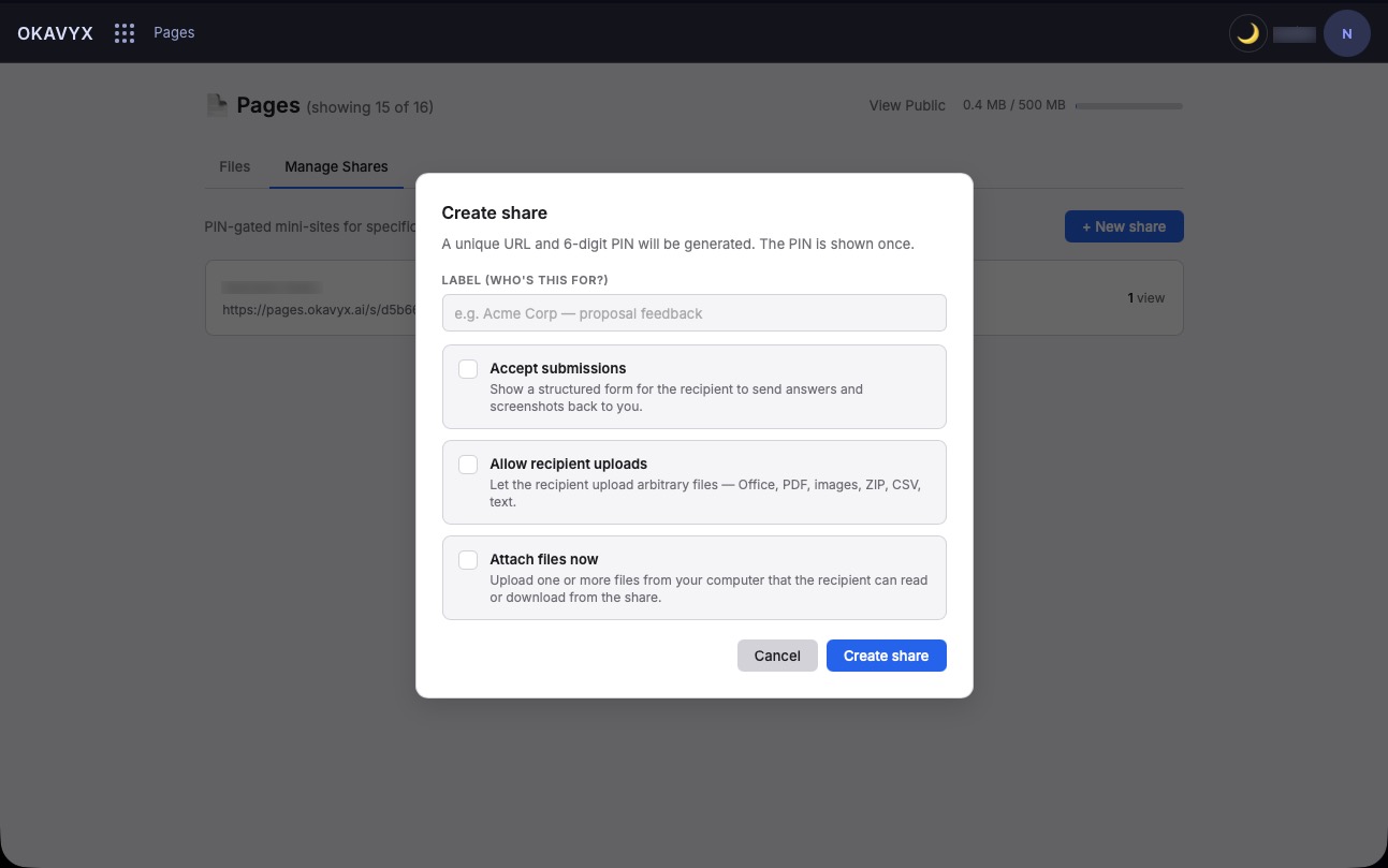 Pages create-share form with access controls