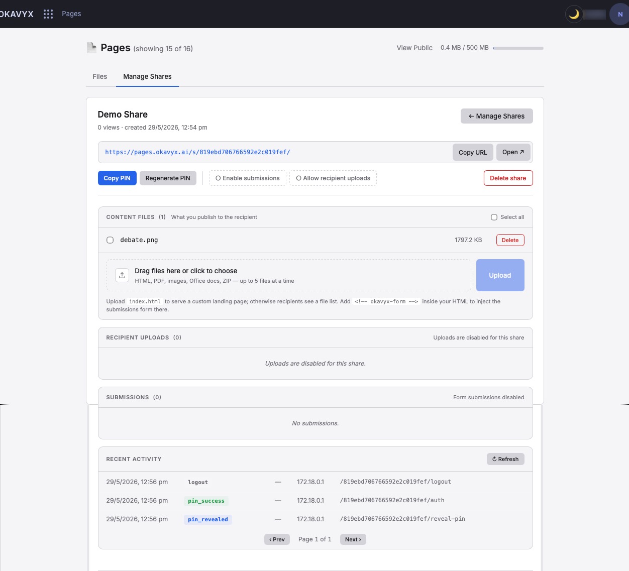 Pages PIN gate protecting a share