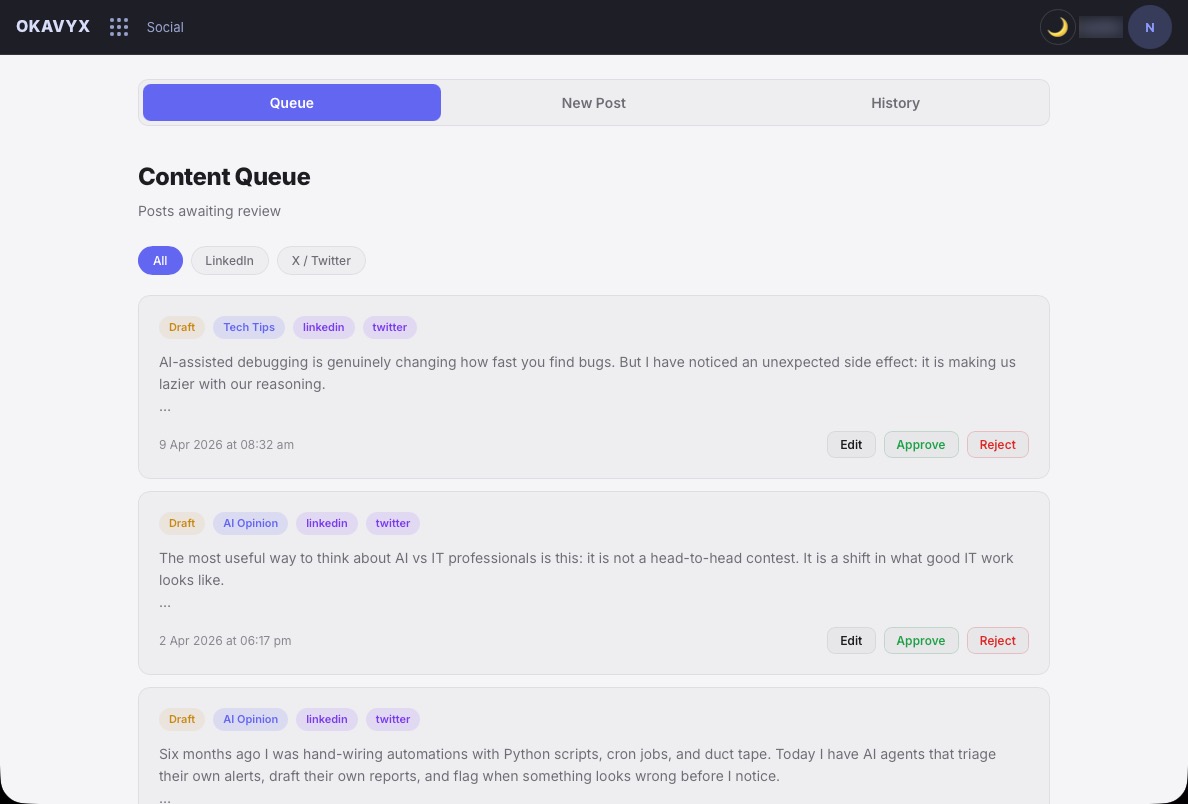 Social Content Hub draft queue with approval controls