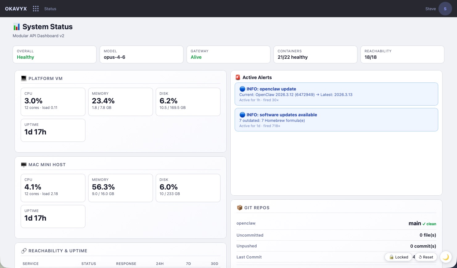 Status dashboard with monitoring panels