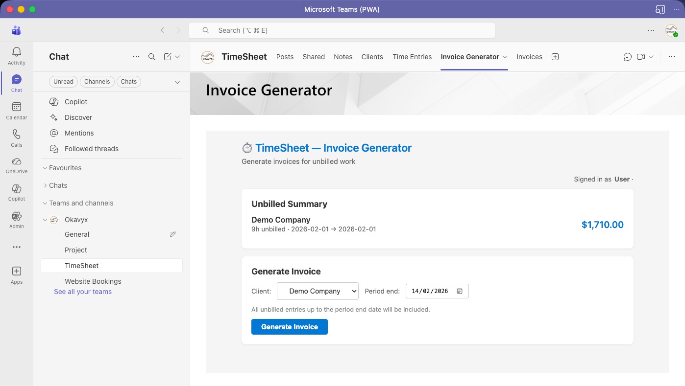 TimeSheet invoice generator with unbilled summary