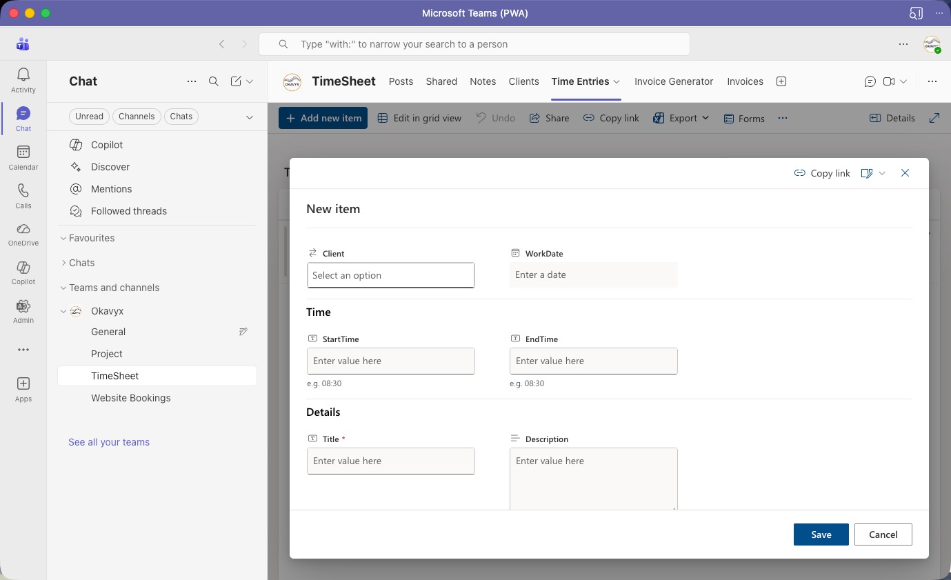 TimeSheet time entry form in Microsoft Teams