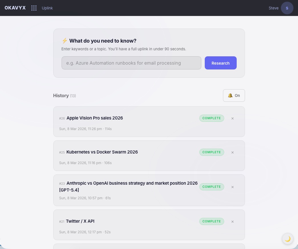 Uplink research briefing engine